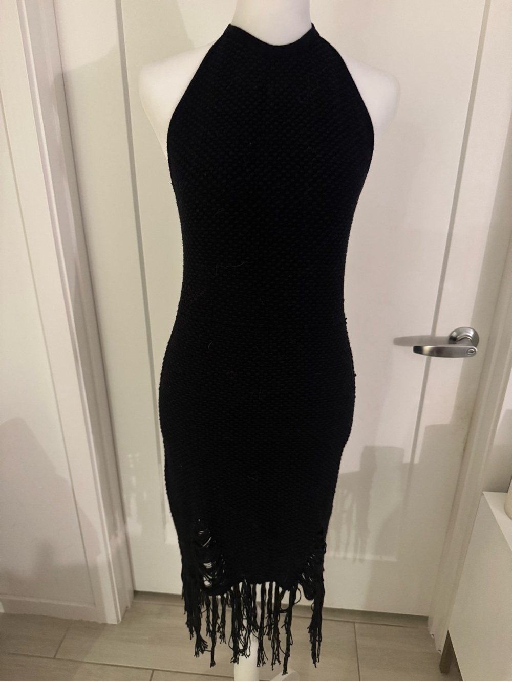 NBD Black Halter Fringe Midi Dress